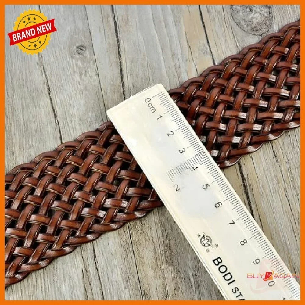 2 Inch Wide Braided Leather Belt with Gold Buckle for Women